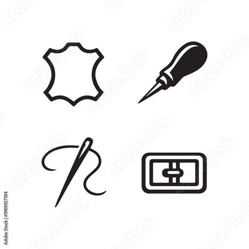 Fundamental symbols of leatherwork and tailoring showing hide awl needle buckle