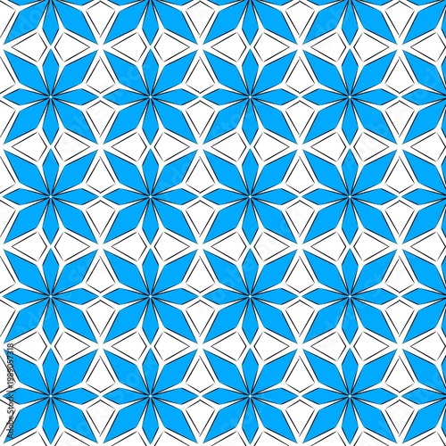 Geometric blue star seamless pattern with symmetrical diamond shapes and black outlines