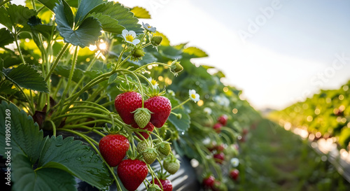 A lush strawberry field with ripe red strawberries growing in rows under a clear blue sky