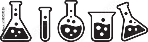 Chemistry Lab Glassware Icons, Beakers, Flasks, and Test Tubes Science Set.