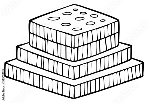 Pyramid of three square tiers with honeycomb pattern black and white line drawing