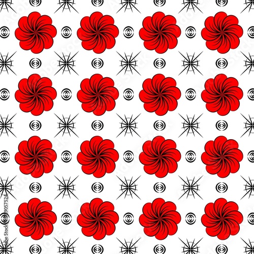 Red rose flower pattern with black sunburst and circular abstract icons