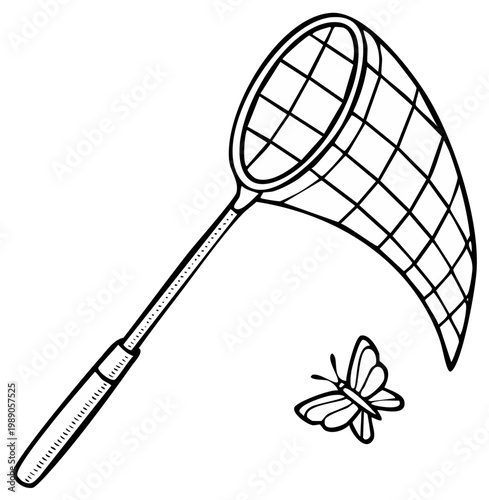 Illustration of a butterfly net and insect, showcasing nature, conservation, catching, and the concept of pursuit