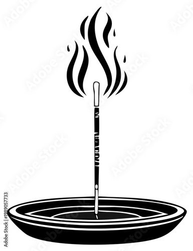 Burning incense stick with flames and smoke in a simple bowl silhouette