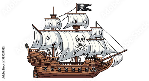 A detailed illustration of a pirate ship sailing the high seas.