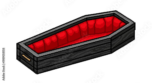 An empty coffin with red velvet lining and wooden exterior.