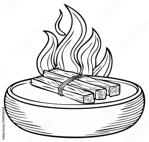 Sacred Wood Palo Santo Burning Spiritual Cleansing Ritual Ceremony with Flames in Dish in Hand Drawn Style