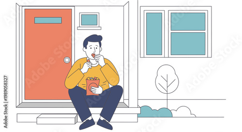 Man sitting on steps eating chips.