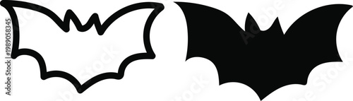 Black and White Vector Illustration of Bat Silhouette Set, Spooky Halloween Animal Web Icon Minimal Outline Drawing Clipart Symbol Collection