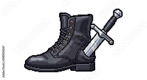 A black combat boot with a sword protruding from its side.