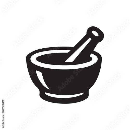 Black Mortar and Pestle Icon Grinding Tool for Pharmacy Kitchen and Herb Preparations