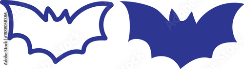 Blue and White Vector Illustration of Bat Silhouette Set, Spooky Halloween Animal Web Icon Minimal Outline Drawing Clipart Symbol Collection
