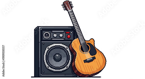 Acoustic Guitar Leaning Against a Black Amplifier Speaker.