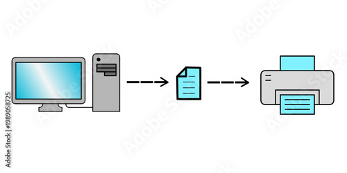 Desktop computer sending digital document file to printer for paper output illustration