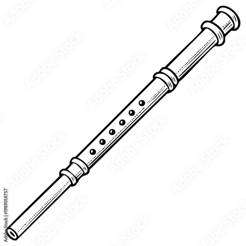 Simple Black and White Line Drawing of a Wooden Recorder Musical Instrument