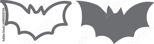 Grey Minimalist Bat Silhouette Set, Professional Wildlife Vector Illustration and Web Icon Clipart Symbol Collection of Halloween Outline Drawings