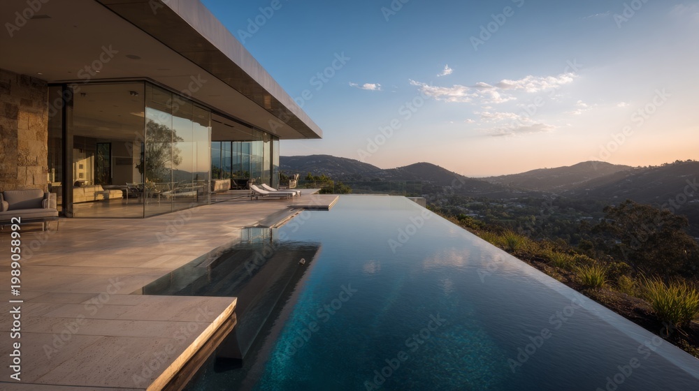 Fototapeta premium Modern luxury villa with infinity pool overlooking scenic hills during sunset in peaceful residential area