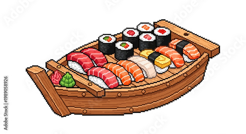 Assortment of Fresh Sushi and Rolls on a Wooden Boat Platter.