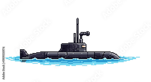 Black Submarine Floating on Blue Water Surface.