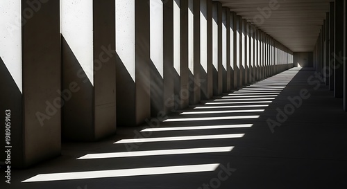 Perspective of light and shadow playing across a concrete colonnade creating a strong geometric pattern