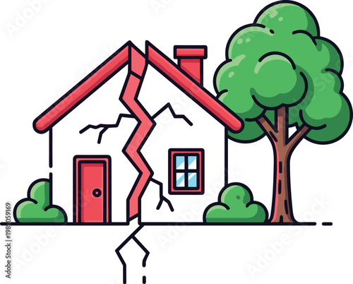 Cracked house with red roof and tree beside, representing property damage or natural disaster