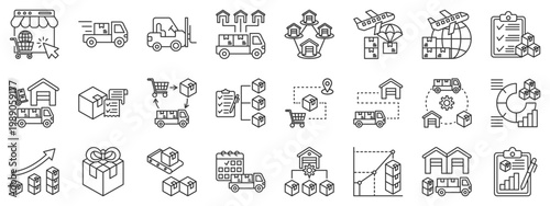 Logistics, warehouse and supply chain management icon set. Including inventory, delivery, shipping, distribution, order fulfillment, packaging, freight, cargo, transport, tracking, procurement, retail