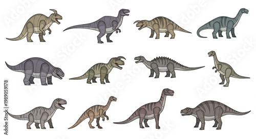 Collection of diverse dinosaur illustrations in various poses.