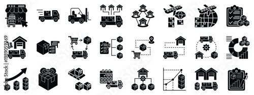 Logistics, warehouse and supply chain management icon set. Line Solid black icon including inventory, delivery, order fulfillment, packaging, freight, cargo, transport, tracking, procurement, retail