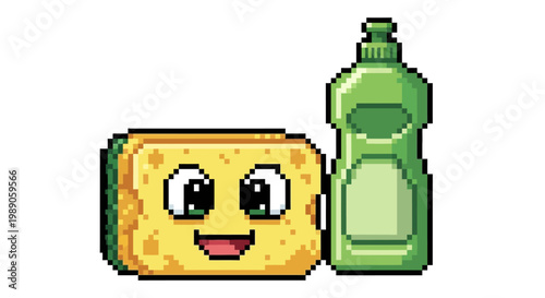 Cute Cartoon Sponge and Dish Soap Bottle Characters.