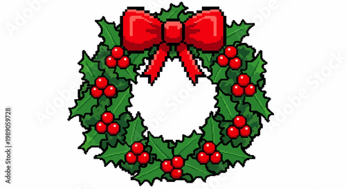 Christmas Wreath with Red Bow and Holly Berries.