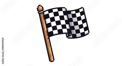 Checkered Racing Flag Waving on Wooden Pole.