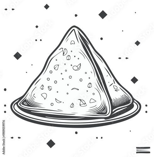 Linear black and white illustration of a savory pancake on a plate with decoration