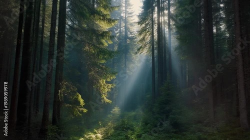 serene forest landscape with sunbeams filtering through trees