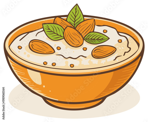 Delicious creamy breakfast bowl illustration garnished with fresh crunchy almonds and vibrant green leaves