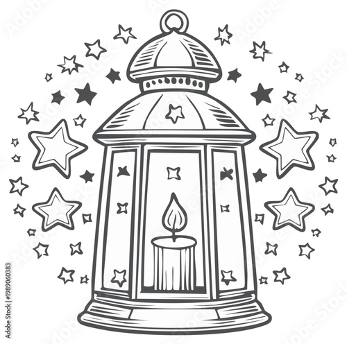 Ornate vintage lantern with flickering candle and many stars line art illustration