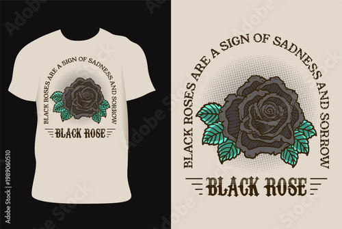 Illustration vintage black rose flower on T shirt mockup