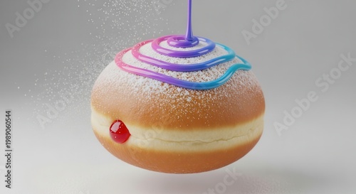 Vibrant jelly-filled donut topped with swirl icing and powdered sugar, a delightful sweet treat