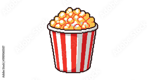 Classic Red and White Striped Popcorn Bucket Filled with Kernels.
