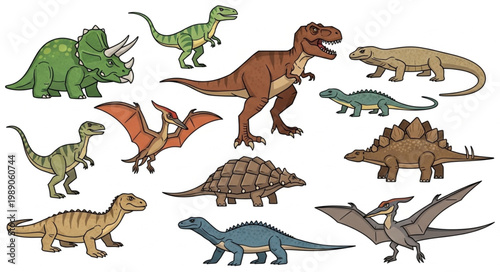 Collection of various cartoon dinosaurs in different poses and sizes.