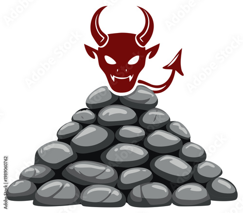 Red devil head with horns and tail emerges from a pile of rounded gray stones