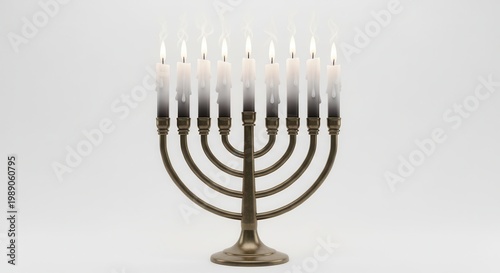 Glistening menorah illuminates the pure white space, symbolizing enduring light and festive