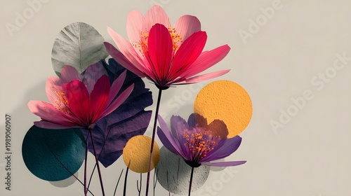 A colorful pixelated image of flowers and leaves