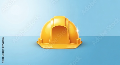 Vibrant yellow protective construction helmet gleaming against a clear blue background ready for