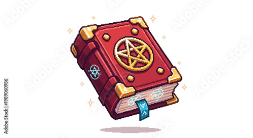 Ancient Red Grimoire With Pentagram Symbol Floating.