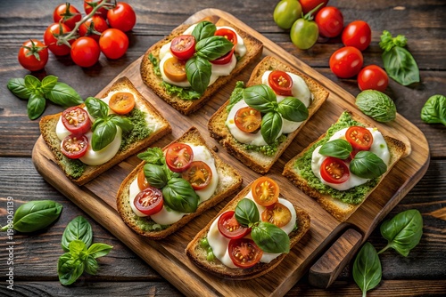 Fresh Caprese Bruschetta Bites A Delicious Appetizer with Tomatoes, Mozzarella, and Pesto on Toasted Bread