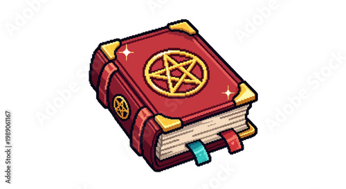 Ancient Red Grimoire with Golden Pentagram Symbol.