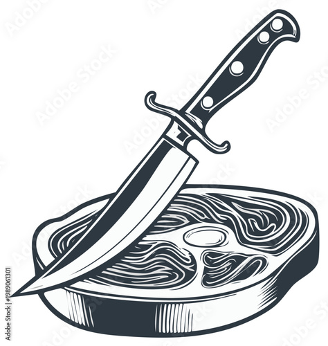 Vintage monochrome illustration of a hunting knife plunged into a raw beef steak