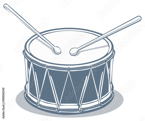 Stylized musical drum and drumsticks illustration for rhythm and percussion music