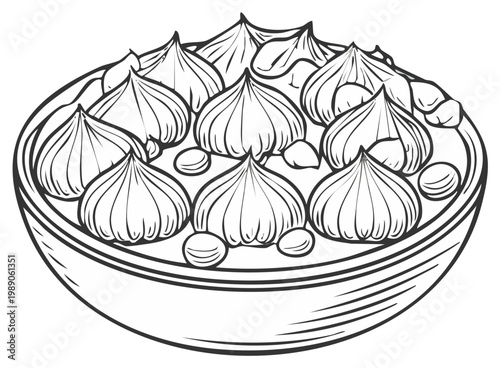 Outline Illustration of Manti Dumplings in a Bowl