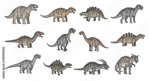 Collection of diverse dinosaur illustrations on white background.